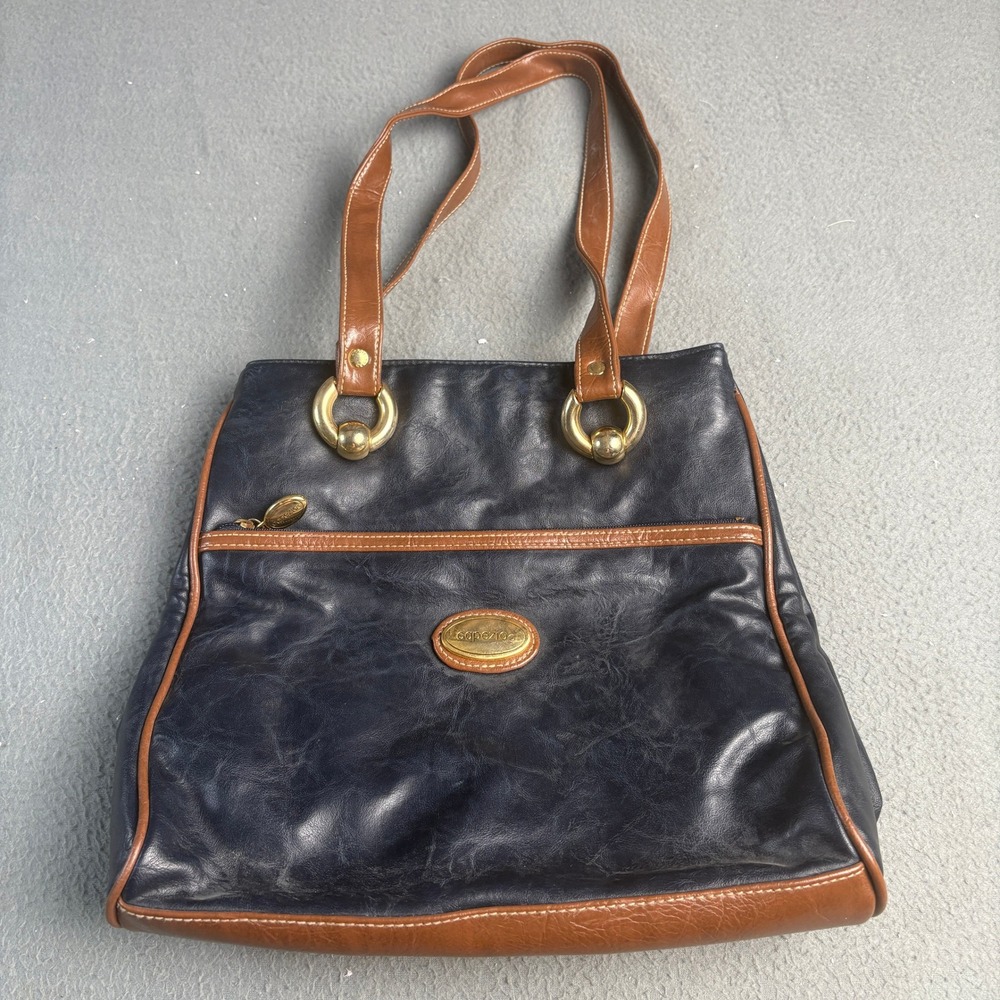 Capezio Vintage Navy Blue and Brown Faux Leather Shoulder Bag Tote Gold Hardware